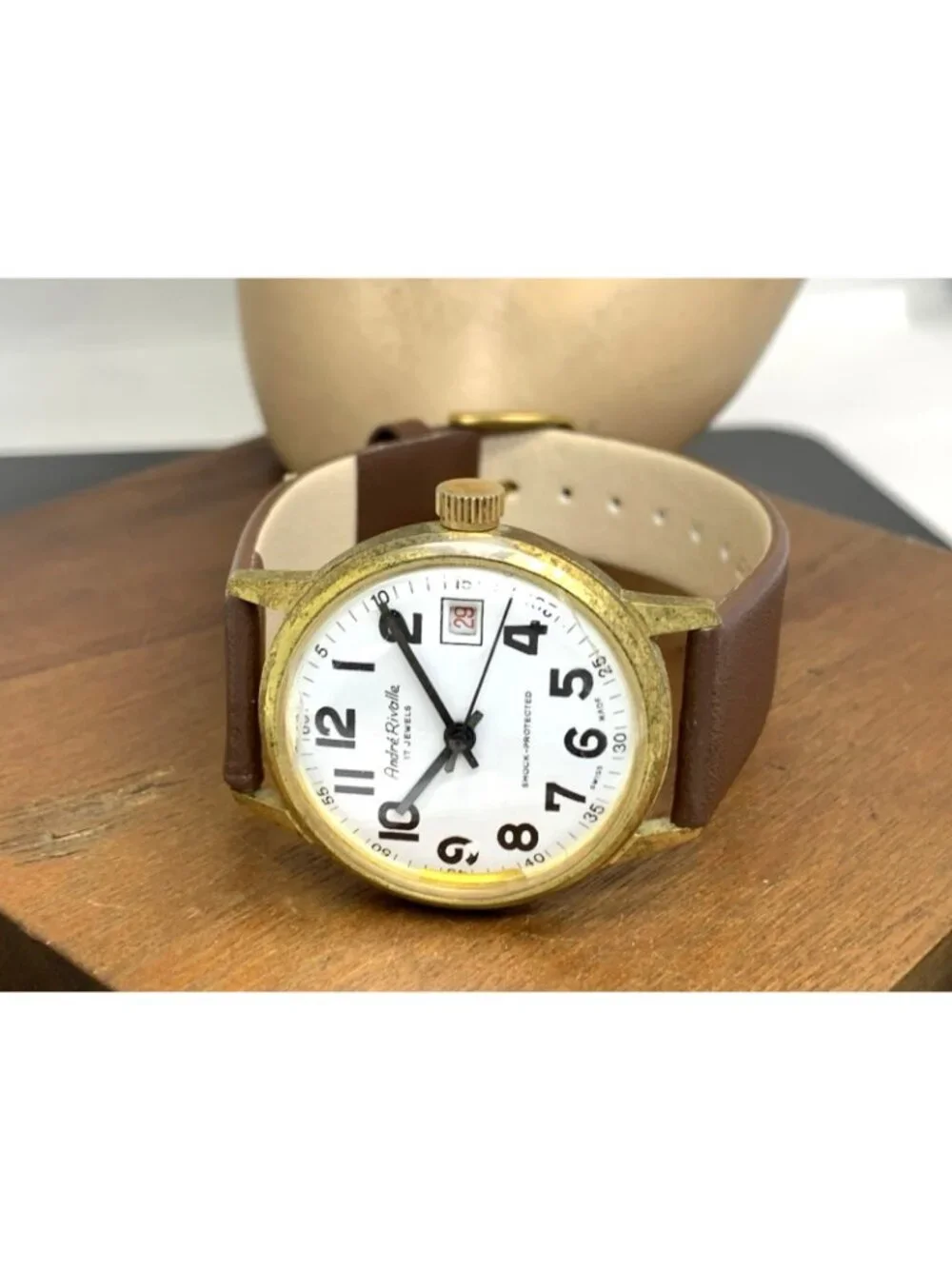 Andre Rivalle Men's Watch 8800 Vintage Swiss Hand Wind Brown Leather Strap